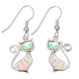 New - White Fire Opal Cats With Green Fire Opal Eyes Silver Earrings